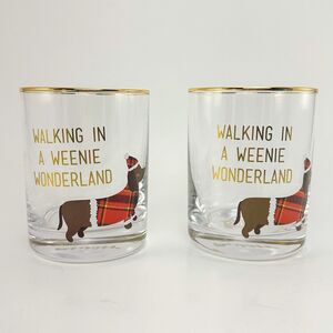Set of 2 Blush Dachshund Christmas Rocks Glasses Gold Rim “Weenie” EUC